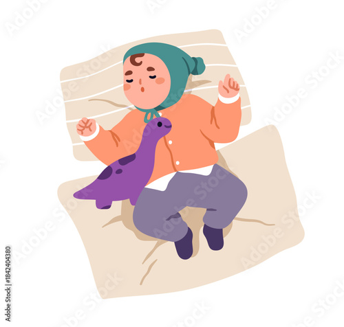 Toddler sleeping with plush toy in bed. Adorable cute baby lying on back, dreaming in pajamas and cap. Little nursery kid asleep, top view. Flat vector illustration isolated on white background