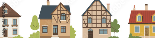 Traditional house illustration set with charming architecture, half-timber homes, cozy cottages, European residential buildings, rustic village facades artwork