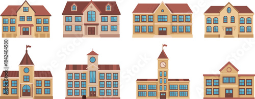 Cartoon school building illustration set, educational campus architecture, cute academic buildings, elementary and high school designs, learning institution clipart artwork