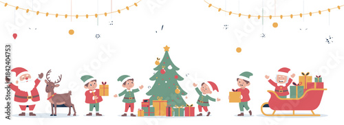 Cheerful Santa Claus and Reindeer with Cute Elves Decorating Christmas Tree and Delivering Gifts in Sleigh, Festive Holiday Celebration Vector Illustration Set.