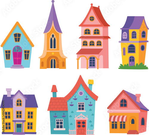 Whimsical colorful cartoon houses illustration set, cute fantasy homes, playful architecture designs, charming decorative buildings, kids town clipart artwork
