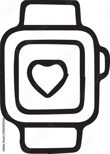 Vector illustration of fitness smartwatch with a heart symbol on the screen, drawn in a clean stylized design. Perfect for sport themes, heart rate concepts, health tracking, wellness graphics and mod