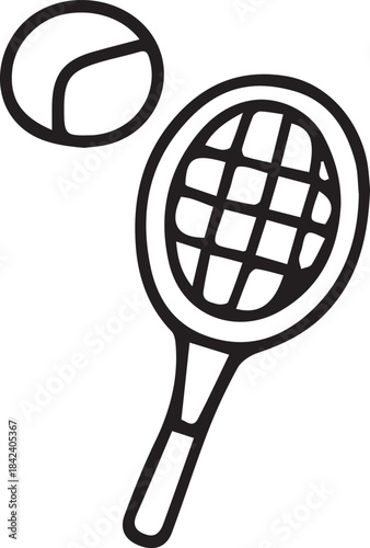 Vector illustration of a tennis racket with a ball in clean stylized line art. Perfect for sports themes, tennis graphics, athletic designs, fitness projects, training materials and modern digital con