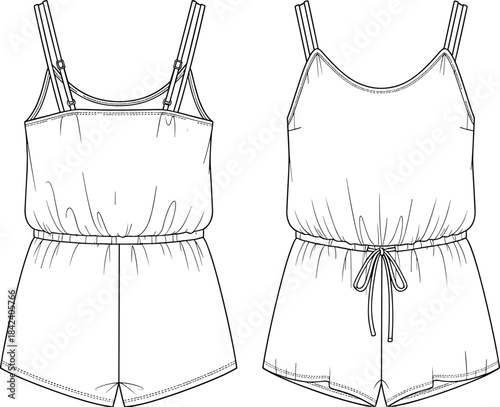 Women's casual fashion technical sketch illustration, cute sleeveless romper pajama design, drawstring waist, adjustable spaghetti straps, comfortable lounge or sleepwear vector graphic template, 