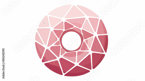 Geometric mosaic pattern of a circular shape with pink and red hues and white lines on a white background.