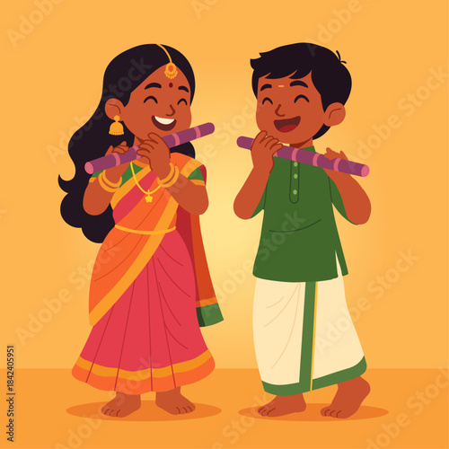 Happy Indian Children in Traditional Attire Playing Flute - Pongal Vector Illustration