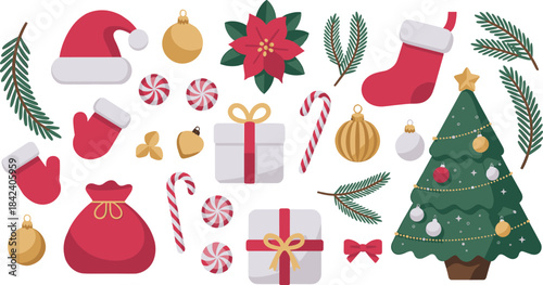 Christmas element collection, festive icons set, decorated tree, Santa hat, candy canes, gifts, holiday vector illustration design