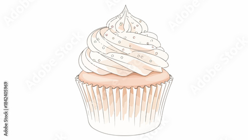 Digital illustration of a cupcake with white frosting and sprinkles in a paper liner on a plain white background.