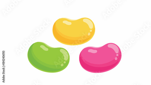 Three colorful jelly beans on a white background, in yellow, pink, and green, with a glossy appearance and rounded shapes.