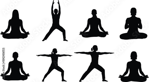Yoga and Meditation Pose Silhouette Vector Set, People in Lotus Position, Warrior, and Mountain Pose, Black Graphics for Health, Wellness, Mindfulness, and Spiritual Training Designs