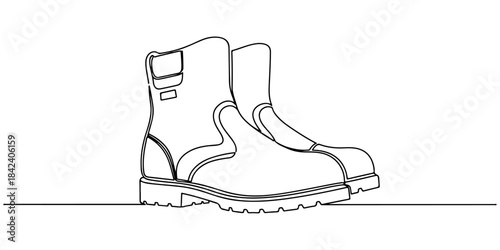 Continuous one line of a steel-toe boots with sturdy shapes, foot protection concept, hand drawn vector illustration.