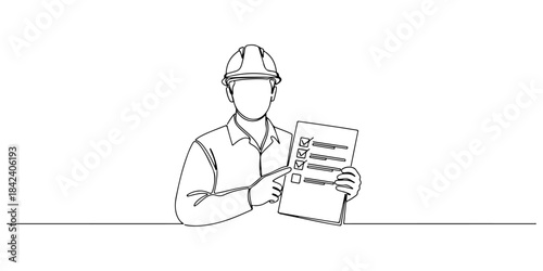 Continuous one line of a hard hat worker holding a checklist, safety inspection theme, hand drawn vector illustration.