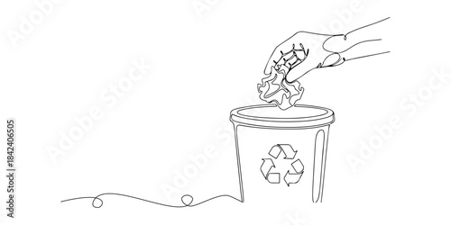 Continuous one line of a hand placing waste in a proper bin, environmental safety theme, hand drawn vector illustration.