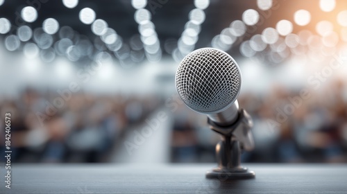 The microphone is on the counter in the conference room. Close-up of the podium, blurred audience and glare of light, shallow depth of field, stage for speeches and press conferences.