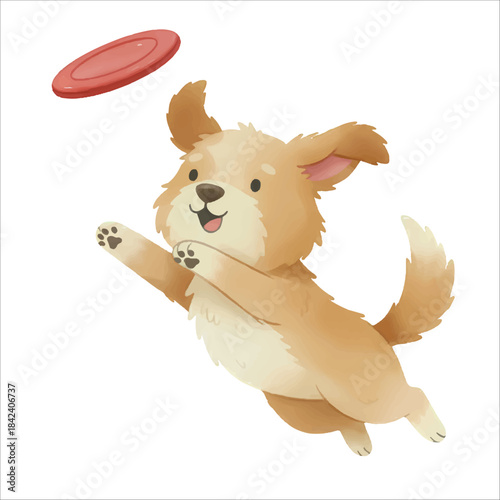 Cute watercolor dog playing frisbee vector on white background
