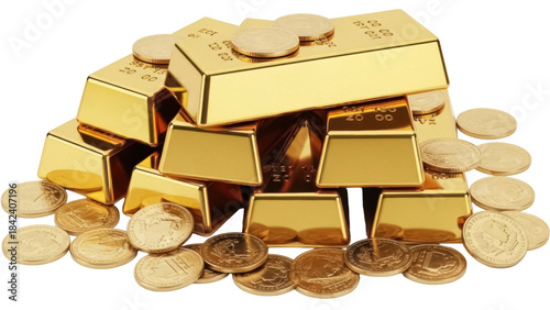 Pile of shiny gold bars and coins PNG isolated on transparent background, wealth and prosperity concept for finance and investment themes