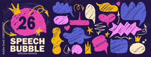 Speech bubble and text box set with cute brush doodle and crayon texture.