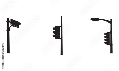 Traffic Lights and Street Lamp Silhouettes Set Urban Street Elements