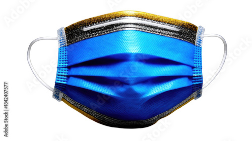 Bright Blue Surgical Mask with Silver Stripes on a Dark Background
