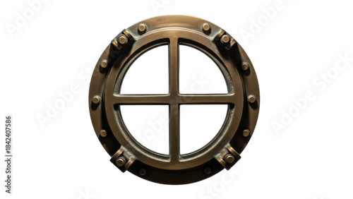 Foto Bronze porthole window isolated PNG, nautical ship window with crossbars on tran