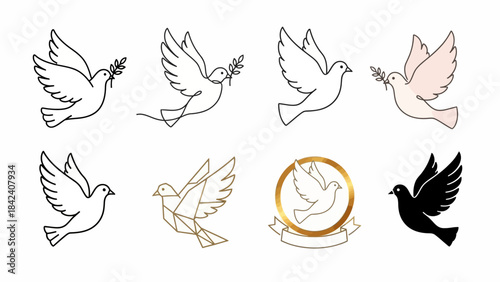 Soaring Doves: An elegant collection of artistic dove depictions, symbolizing peace, hope, and freedom, each one gracefully depicted with unique detail.
