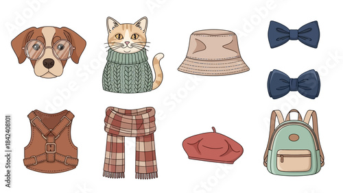 Stylish Pet Accessories: A collection of charming pet fashion items, including glasses, bow tie, sweater and backpack, for pets with a keen sense of style.