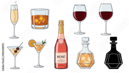 Elegant Drinks: A collection of exquisite beverages, each served in its perfect vessel, captures the essence of refined indulgence, from sparkling champagne to rich red wine.