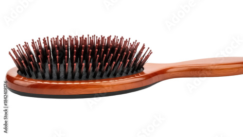 Wooden hair brush with bristles isolated PNG, grooming tool for hair care and styling on transparent background