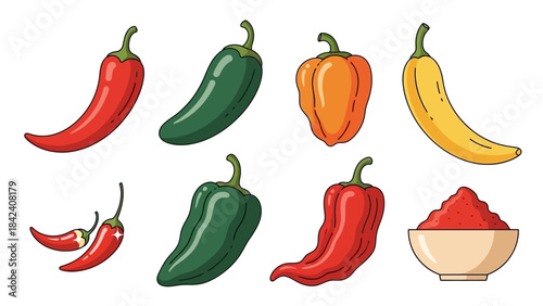 Assortment of Chilies: A vibrant collection of various chilies and chili powder, showcasing a range of colors and shapes, ready to infuse any dish with flavor and fire.