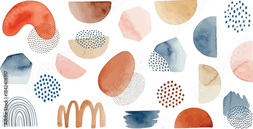 Assorted watercolor shapes and textures including arches and dots on transparent background