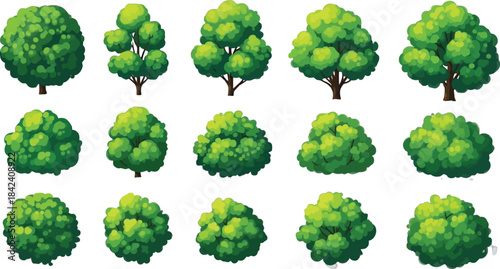 A collection of pixel art trees in various shapes on transparent background