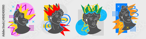 Greek statue pop art. Graffiti poster. Abstract head Y2K. Modern print design. Geometric wall art. Fashion template. Vector creative graphic garish background cartoon flat style isolated illustration