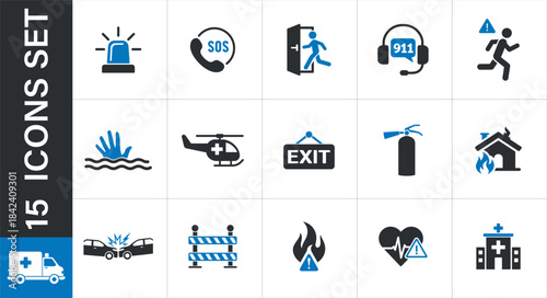Emergency and safety icons set, danger warning collection for various situations: rescue, medical, 
fire, evacuation, and danger warnings