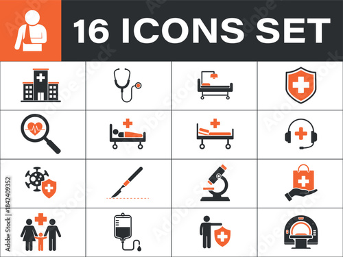 Modern medical and healthcare icon set. Including healthcare icon, hospital, clinic, stethoscope, 
patient, bed, research, microscope, scalpel, surgery
