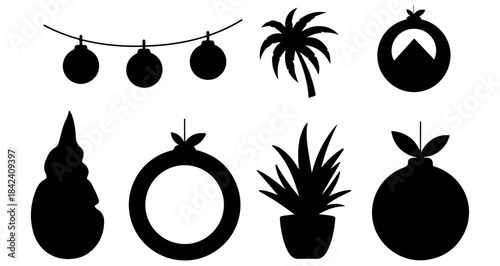 Black silhouettes of various plants and fruits