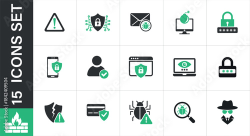 Digital cybersecurity icons set for internet security & protection. Cybersecurity and digital 
protection icons set