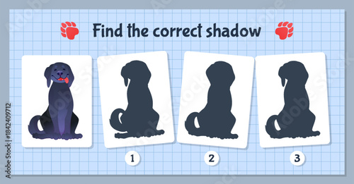 Dog shadow. Cartoon pets. Workbook test. Kids preschool worksheet. Kindergarten riddle. Find correct shade shape or identical silhouette. Logic game. Purebred animal. Vector educational puzzle design