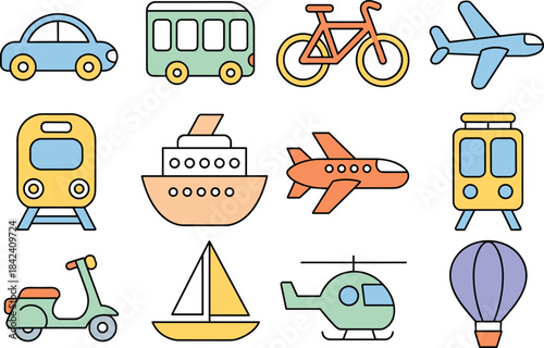 Transportation icon set featuring cars, buses, trains, planes, bicycles, and helicopters, flat colorful vector symbols for mobility and travel design
