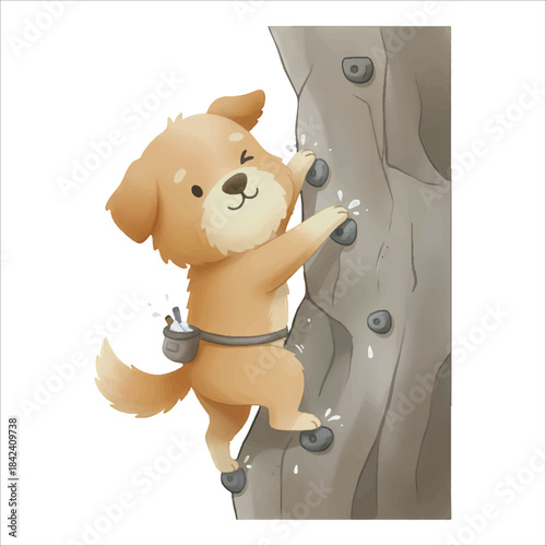 Cute watercolor dog rock climbing on wall vector on white background
