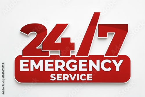Bold red 24 7 emergency service sign with white text indicating constant availability for urgent needs
