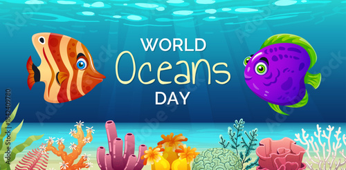 World ocean day. Underwater banner design. Exotic tropical marine inhabitants. Oceanarium flyer template. Swimming animals, wildlife poster. Coral reef poster. Vector cartoon flat style illustration