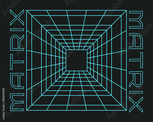 Fototapeta Naklejka Na Ścianę i Meble -  Grid element. Waveform at display. Matrix perspective hole. Tech square mesh lines. Geometric tunnel. Retrowave room. Neon futuristic 3D net. Digital technology for cyberspace. Vector cyber banner