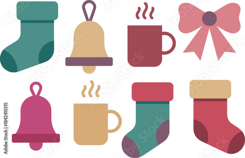 Christmas holiday icon set with bells, stockings, hot drinks, gift boxes, cozy winter elements, flat minimalist seasonal illustration