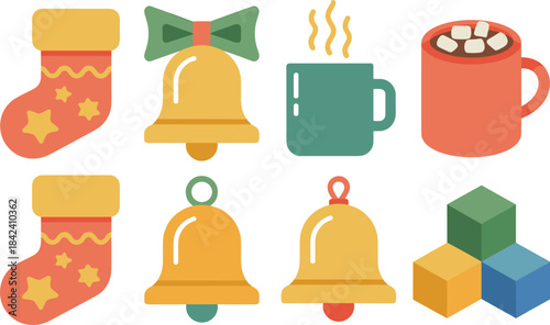 Christmas holiday icon set with bells, stockings, hot drinks, gift boxes, cozy winter elements, flat minimalist seasonal illustration