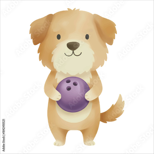 Cute watercolor dog holding bowling ball vector on white background
