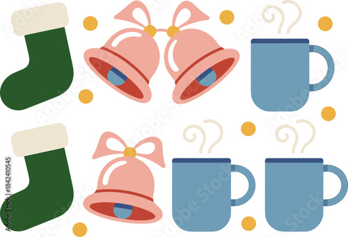 Christmas holiday icon set with bells, stockings, hot drinks, gift boxes, cozy winter elements, flat minimalist seasonal illustration