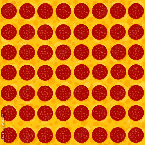 A mouthwatering seamless pattern features a symmetrical grid of speckled red pepperoni slices arranged on a textured, golden-yellow background of melted cheese to mimic a classic pizza topping