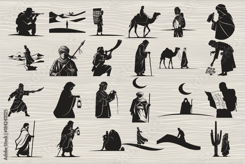 A striking collection of desert nomad silhouettes featuring travelers, camels, dunes, and traditional Middle Eastern attire