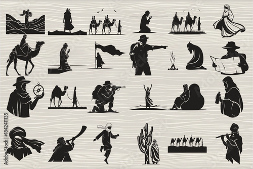A striking collection of desert nomad silhouettes featuring travelers, camels, dunes, and traditional Middle Eastern attire