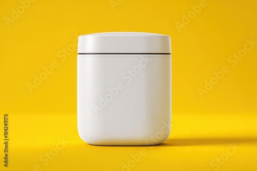A sleek white container stands against a bright yellow background, highlighting its modern design. Snack container mockup